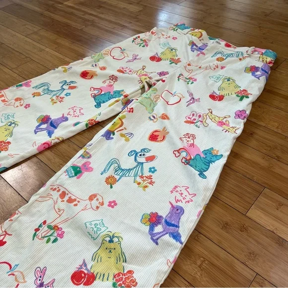 Cider Cream Wide-Leg Pants with Multicolor Fun Pet and Fruit Print - Picture 5 of 15